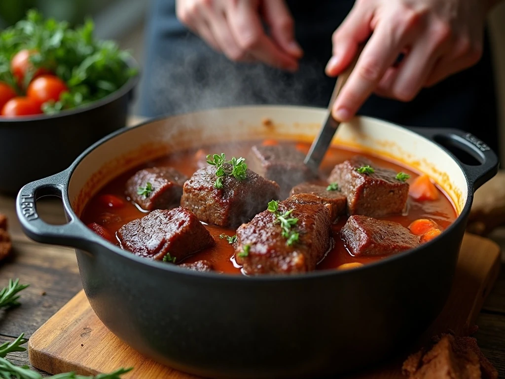 Short ribs gently braising with red wine and herbs