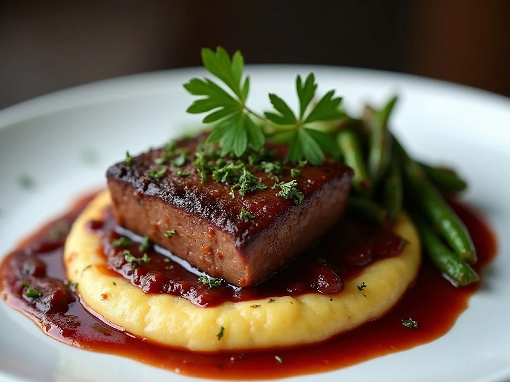 Braised short rib served with polenta and green vegetables