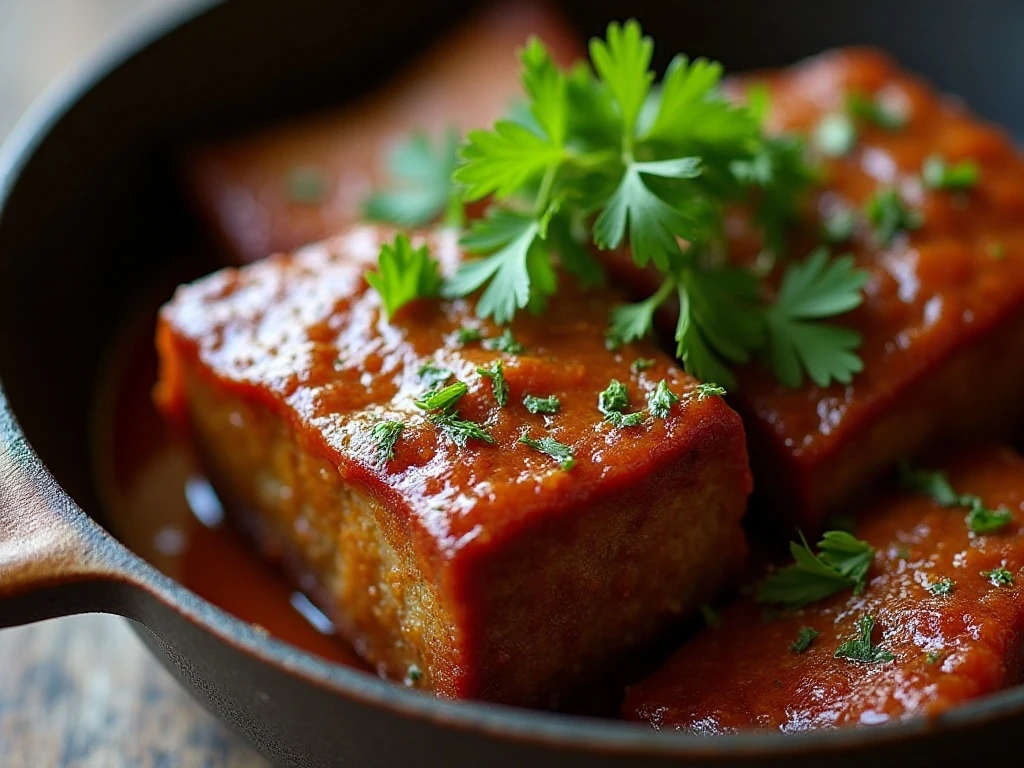 Reheated short ribs with glossy sauce and parsley