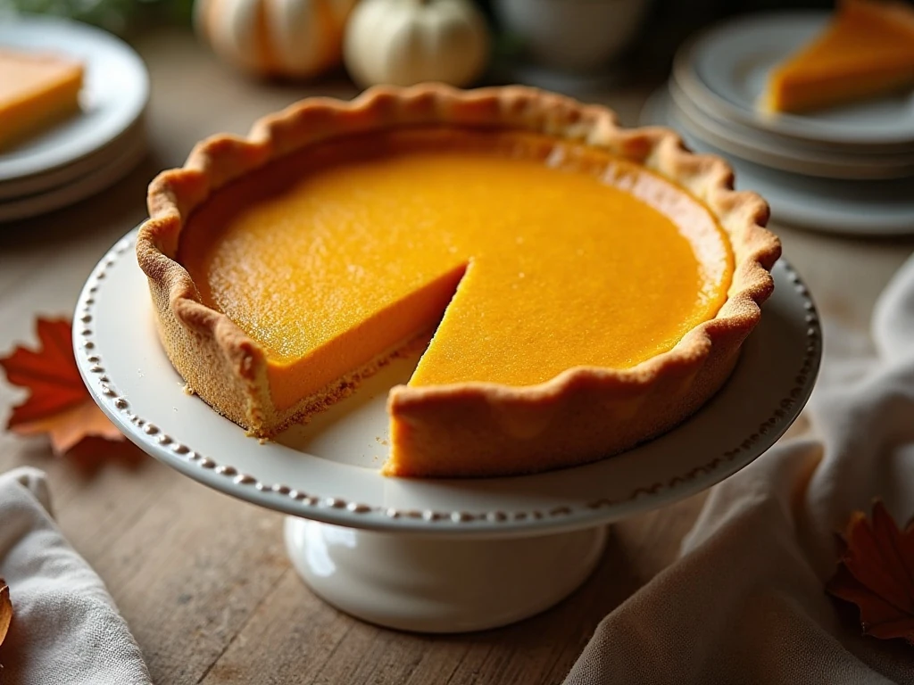 Golden shortcut pumpkin pie with one slice removed