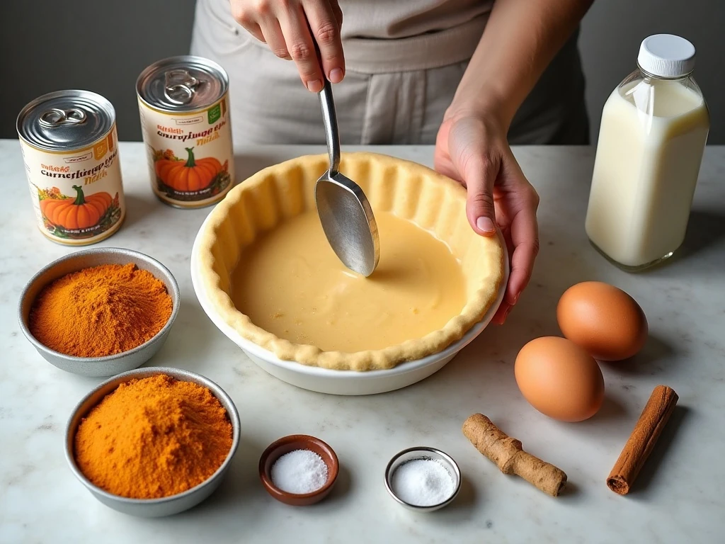 Ingredients for shortcut pumpkin pie arranged on a counter