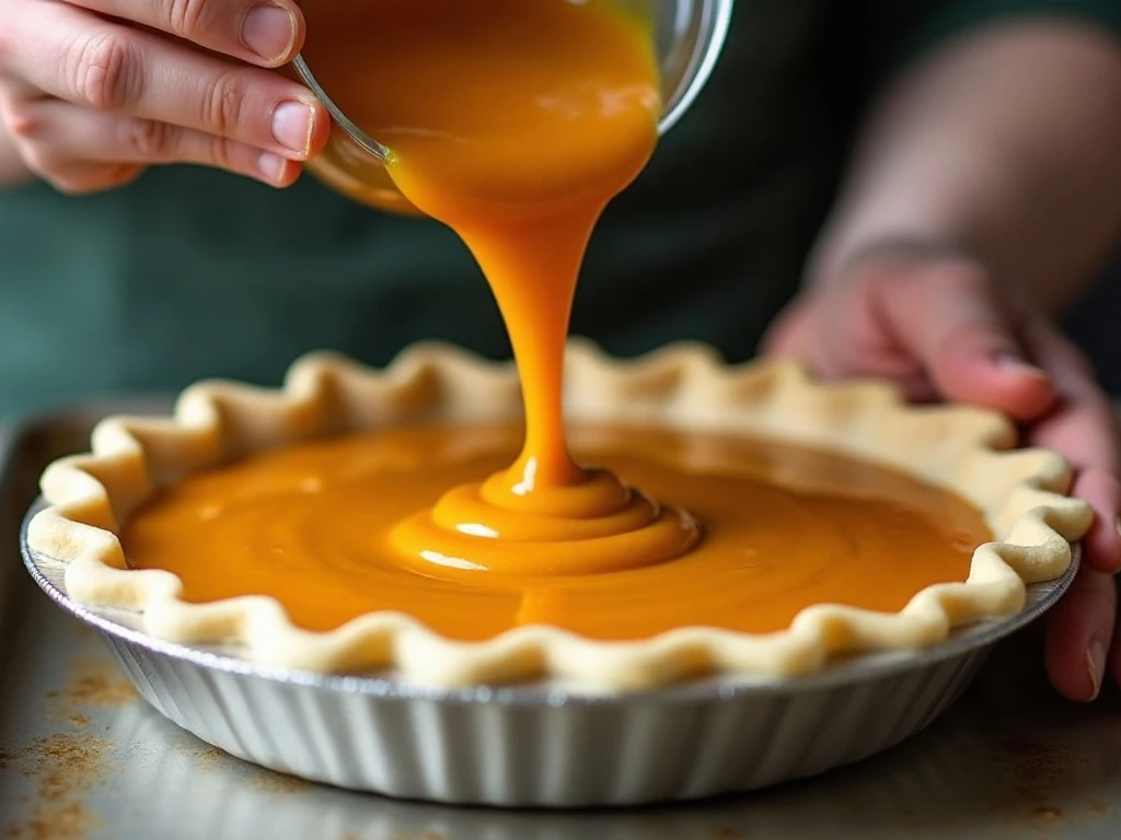 Pumpkin filling being poured into an unbaked pie crust