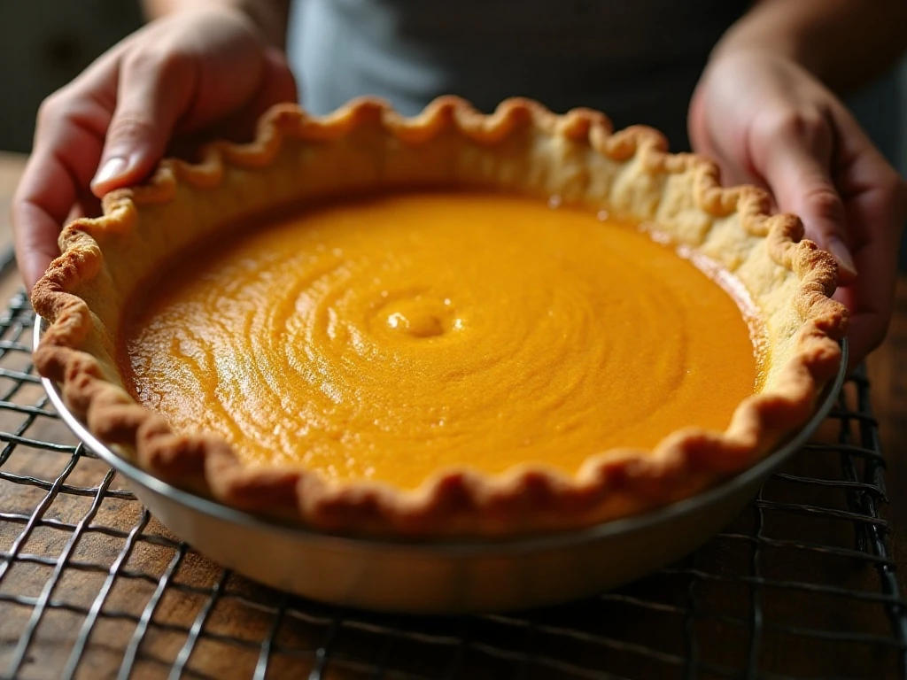 Freshly baked pumpkin pie cooling on a wire rack