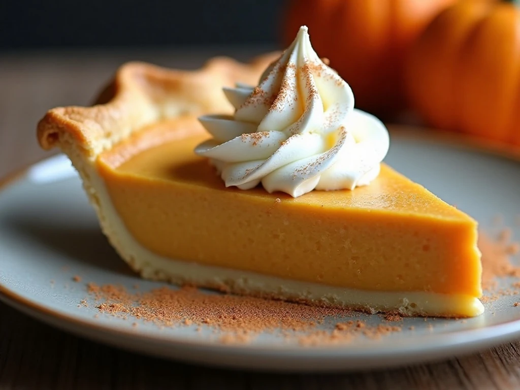 Pumpkin pie slice with whipped cream and cinnamon