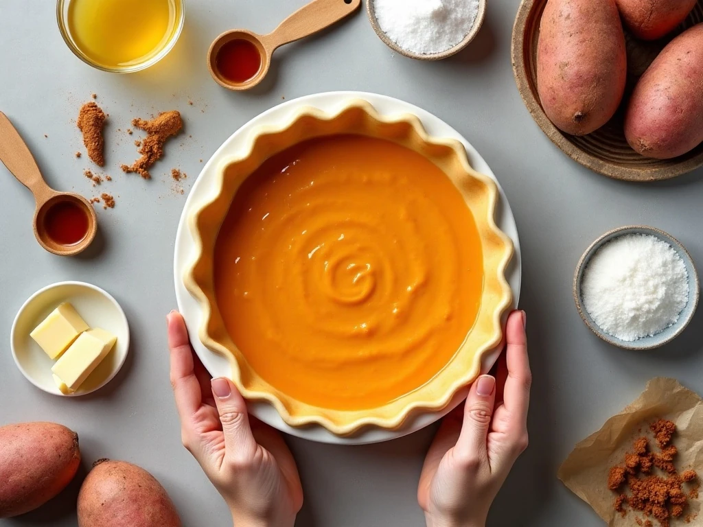 Ingredients for homemade sweet potato pie arranged on a kitchen counter