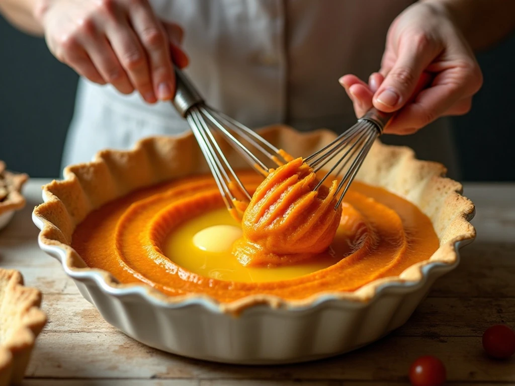 Mixing the smooth sweet potato pie filling before baking