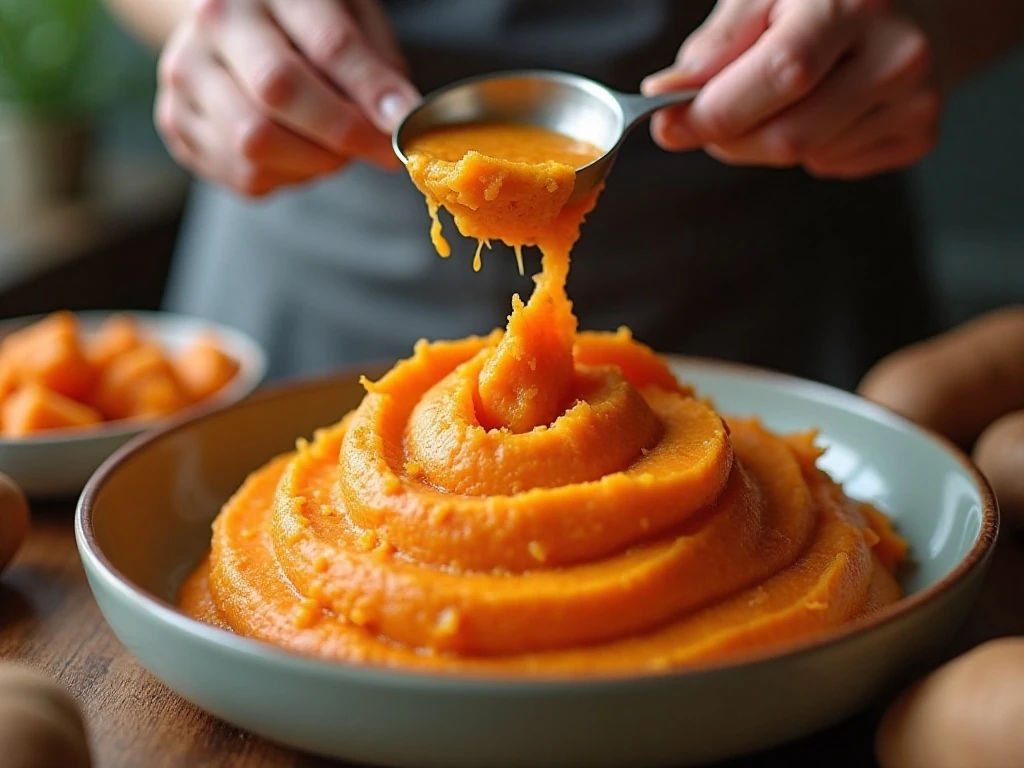 Baked sweet potatoes being prepared for a smooth pie filling
