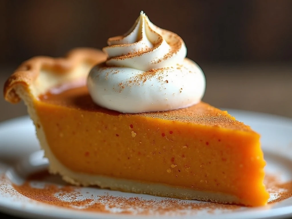 Sweet potato pie slice with whipped cream and cinnamon garnish