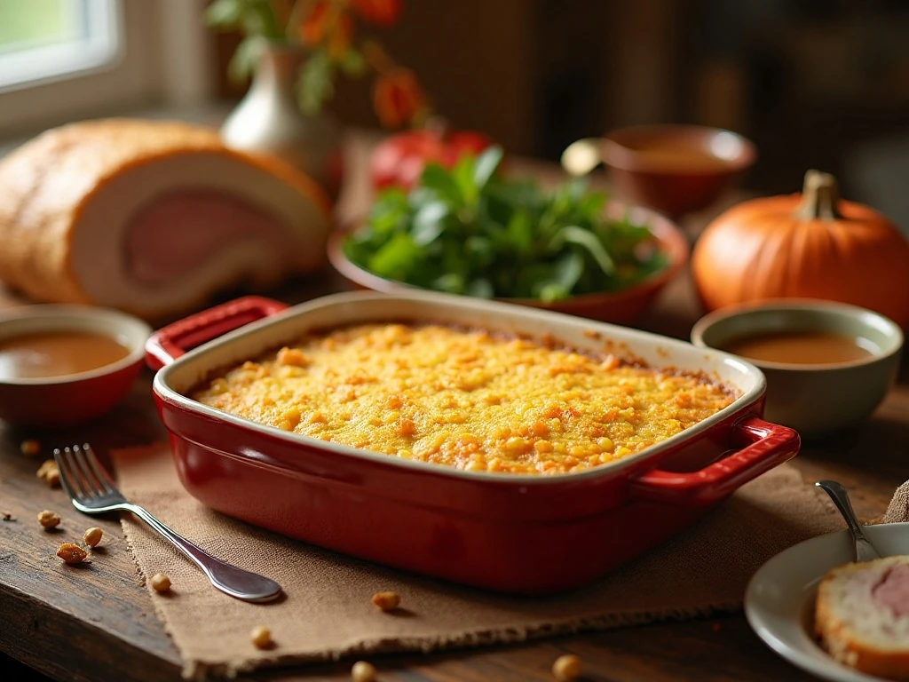 Southern cornbread Thanksgiving dressing served with classic holiday dishes