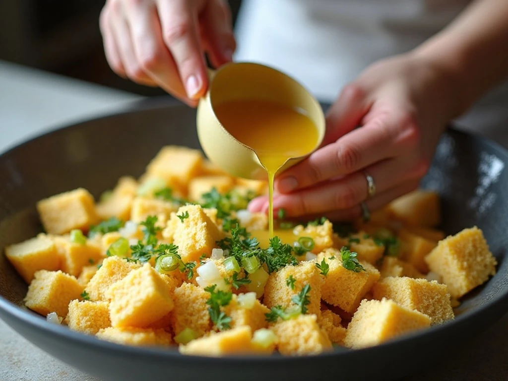 Mixing the moist bread mixture for Southern Thanksgiving dressing