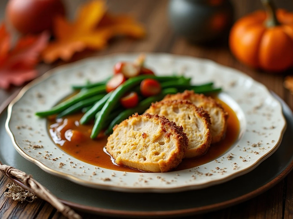 Golden Thanksgiving dressing served with turkey and gravy