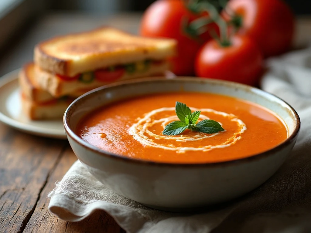 Creamy homemade tomato soup served with grilled cheese