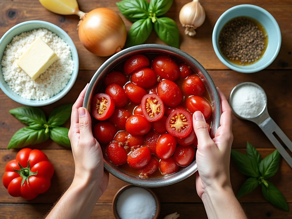 Ingredients for easy creamy homemade tomato soup