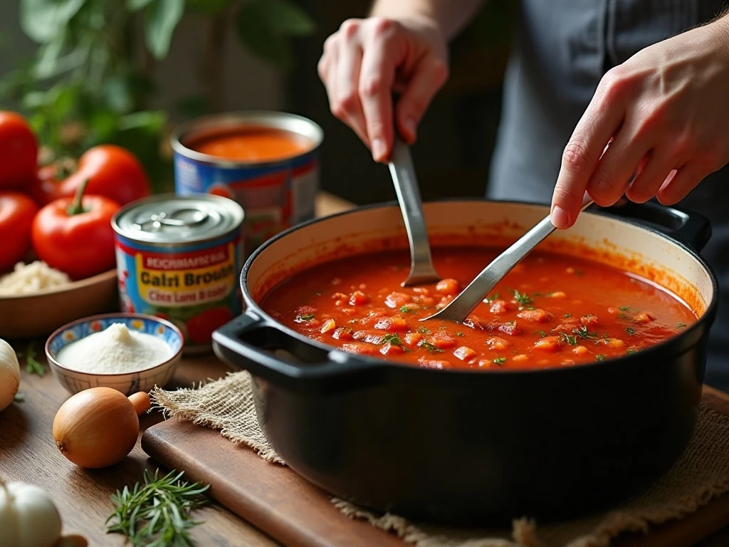 Tomato soup simmering in a Dutch oven