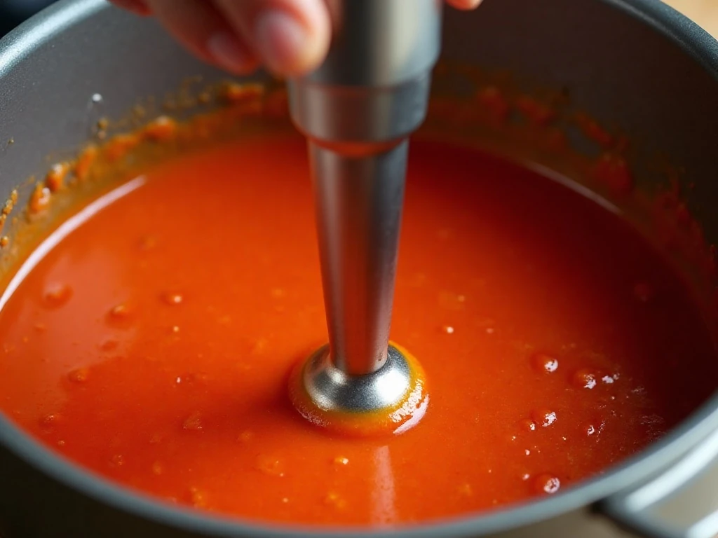 Blending homemade tomato soup until smooth
