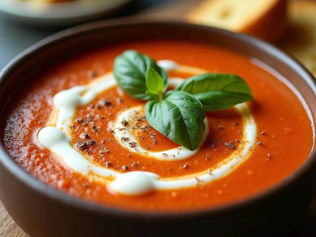 Tomato soup garnished with cream, basil, pepper, and croutons