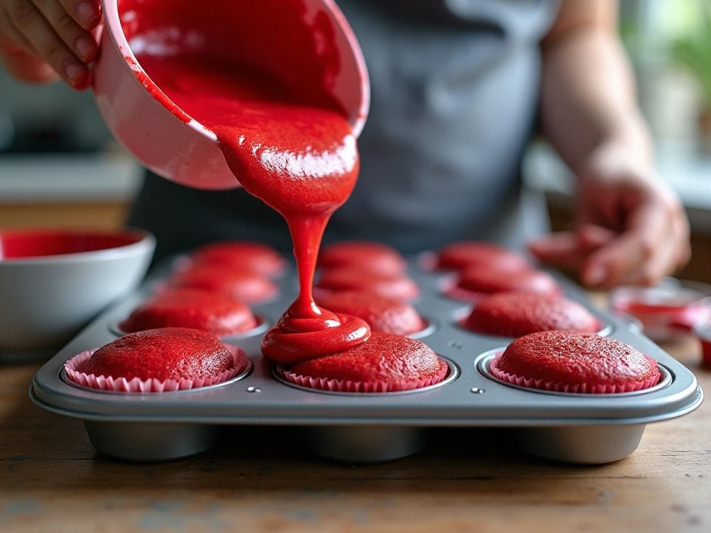 Red velvet cupcake batter being divided into muffin liners