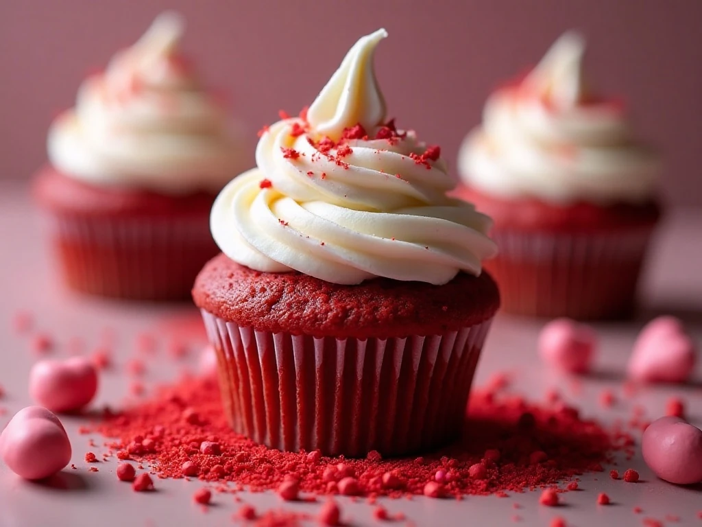 Cream-cheese frosting and heart sprinkles on a red velvet cupcake