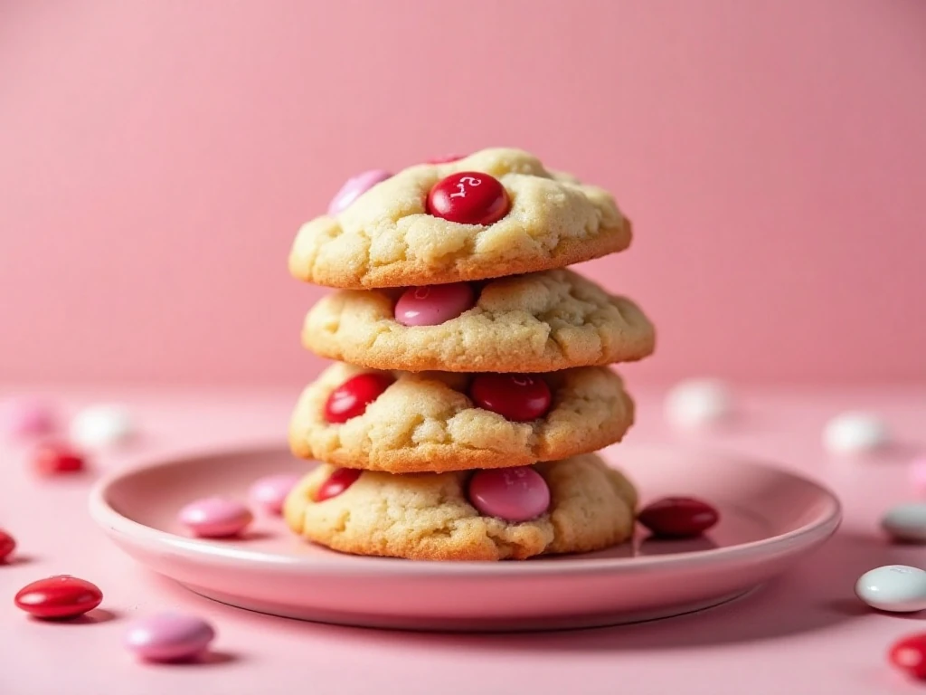 Stack of chewy Valentine’s Day M&M cookies on a pink plate