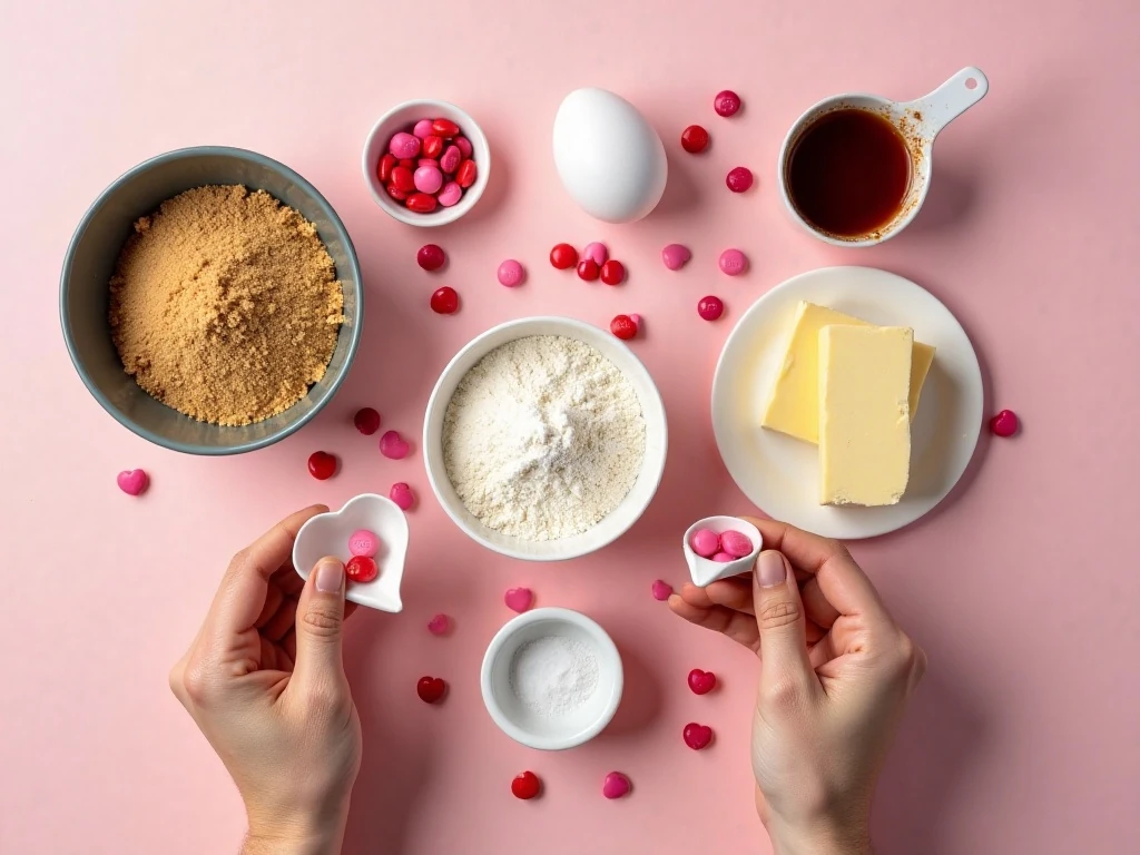 Ingredients for Valentine’s Day M&M chewy cookies