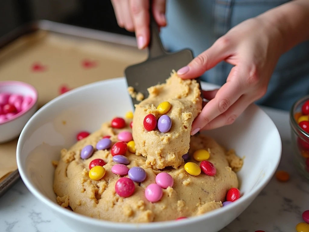 Folding Valentine’s Day M&Ms into chewy cookie dough