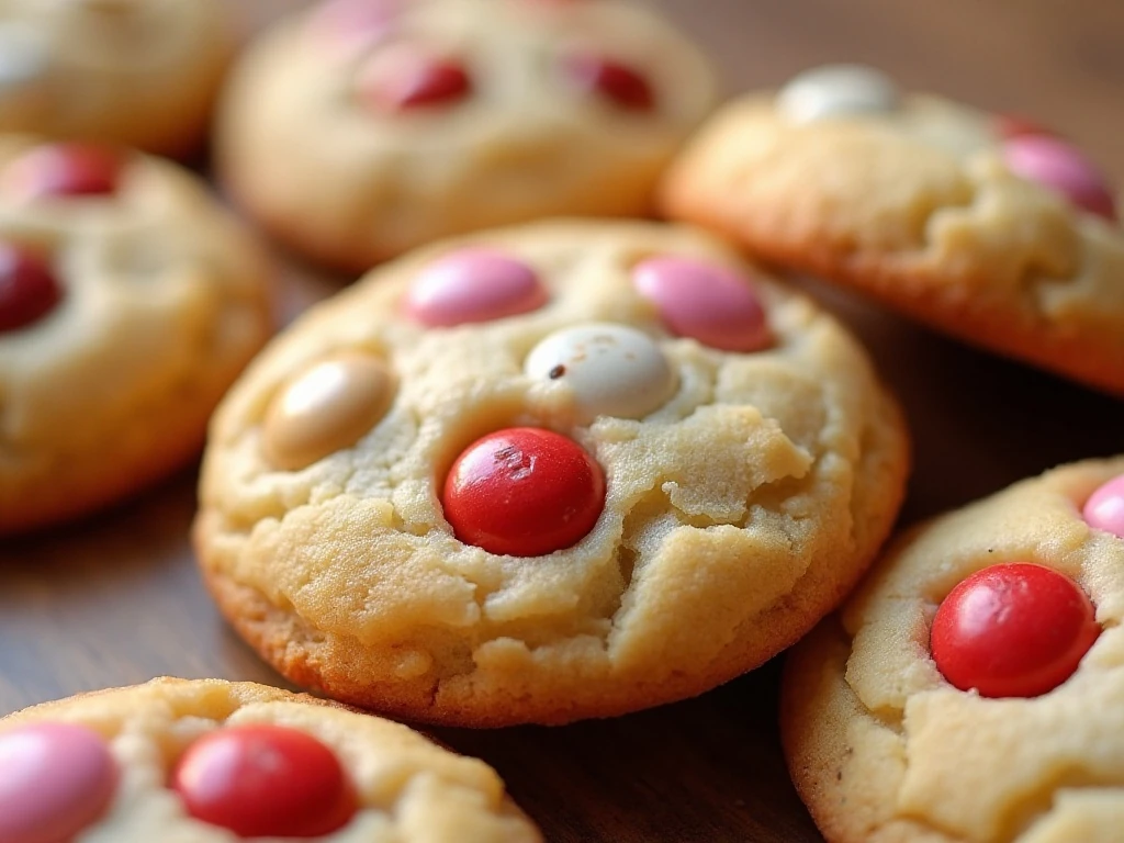 Close-up of soft chewy M&M cookies with colorful candy toppings