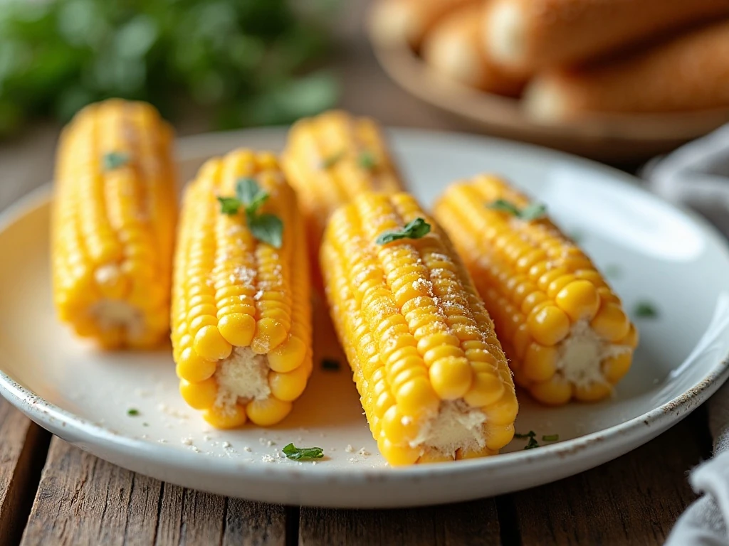 Tender buttered microwave corn on the cob served on a platter