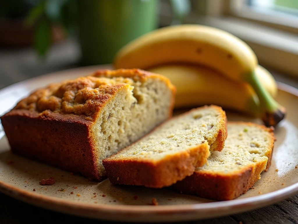 Moist sliced zucchini banana bread on a ceramic plate