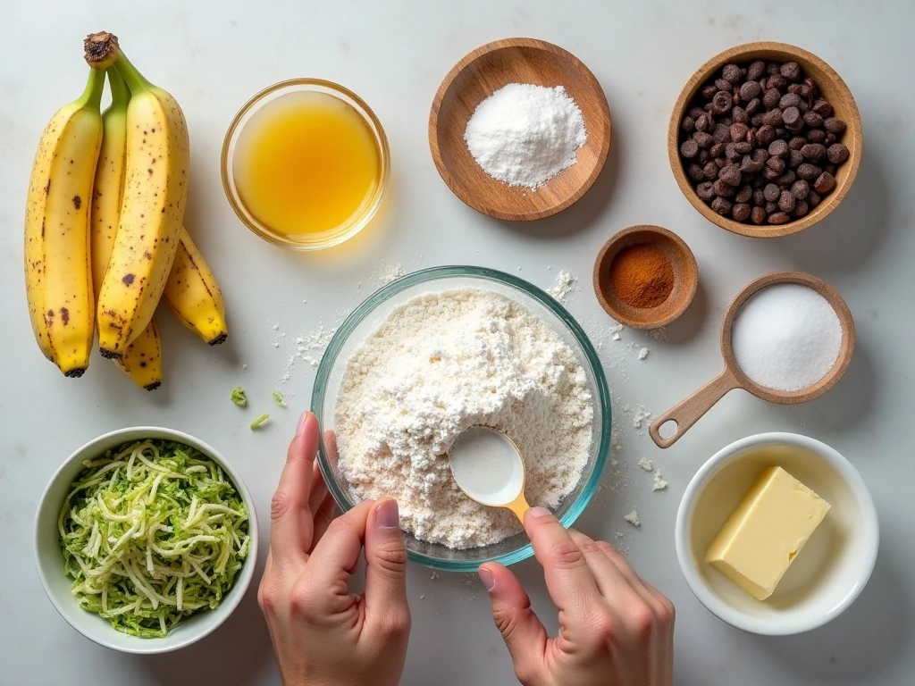 Ingredients for zucchini banana bread arranged on a counter