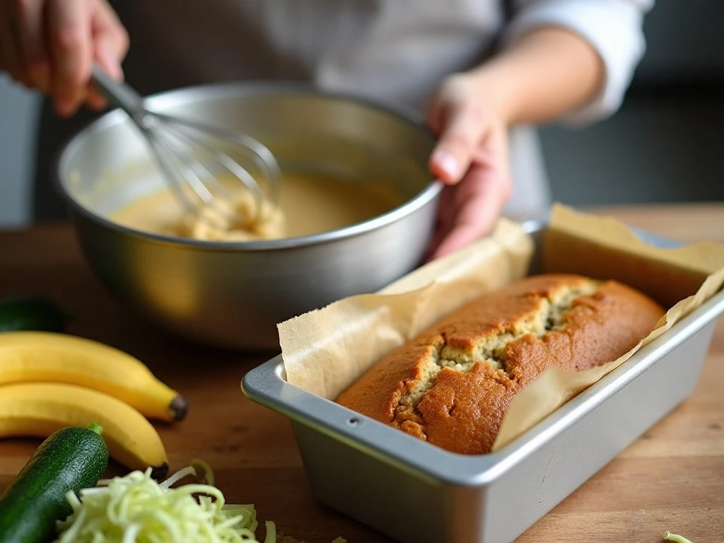 Zucchini banana bread batter being folded before baking