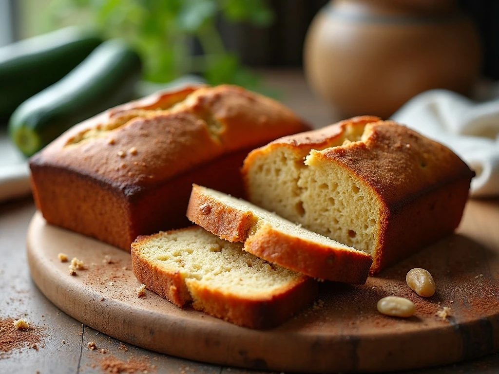 Two moist homemade zucchini bread loaves with slices showing the tender crumb