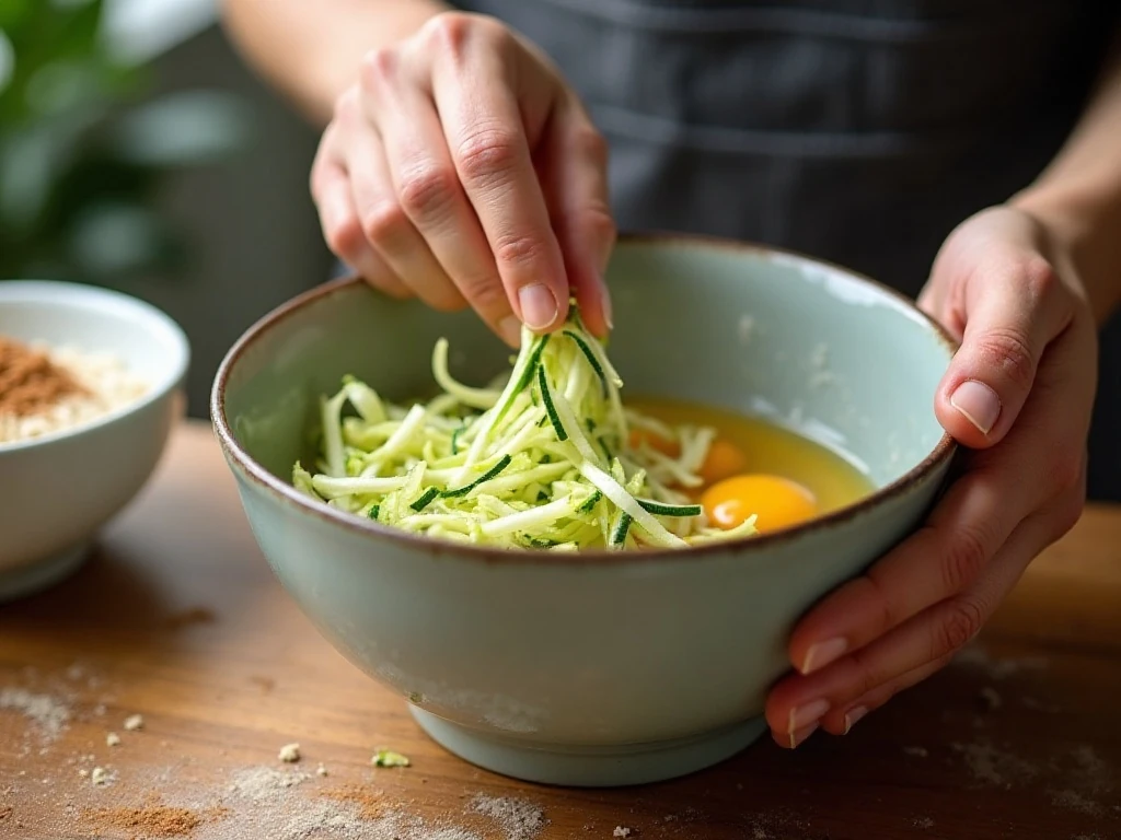 Mixing shredded zucchini into the wet ingredients for zucchini bread