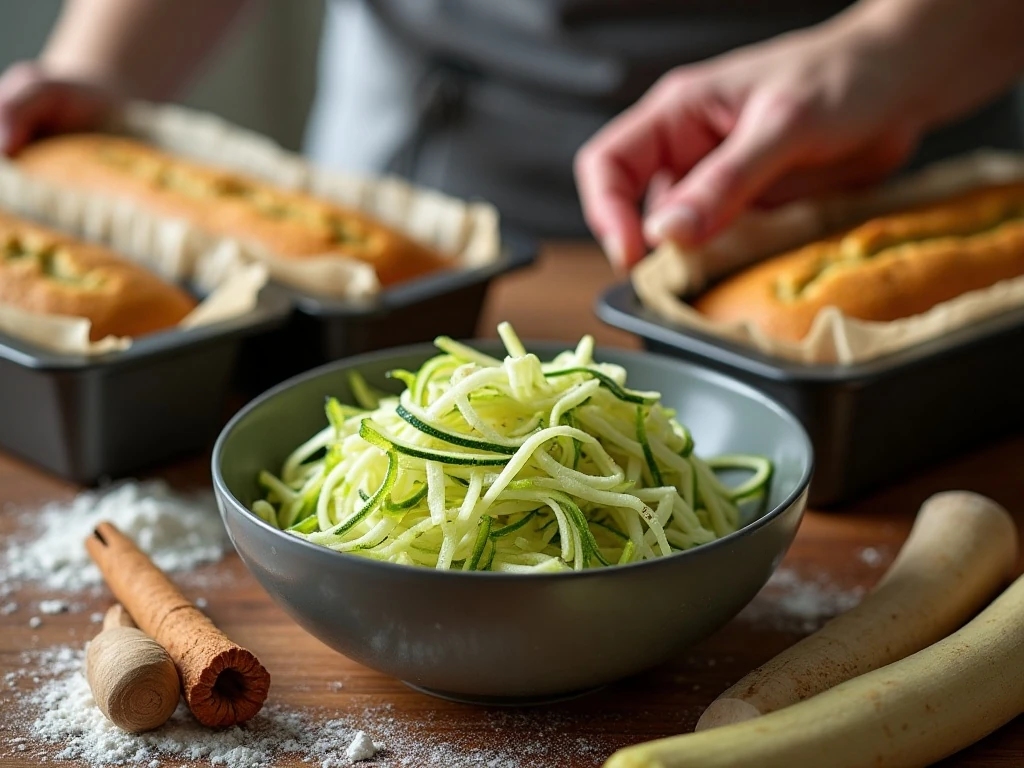 Coarsely shredded zucchini and prepared loaf pans for moist zucchini bread