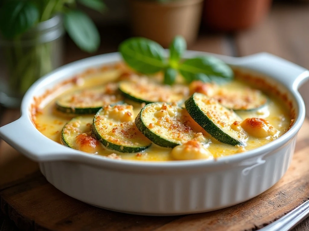 Golden cheesy zucchini gratin fresh from the oven