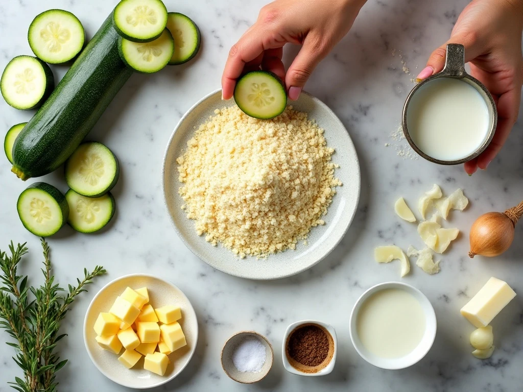 Ingredients for zucchini gratin arranged on a counter