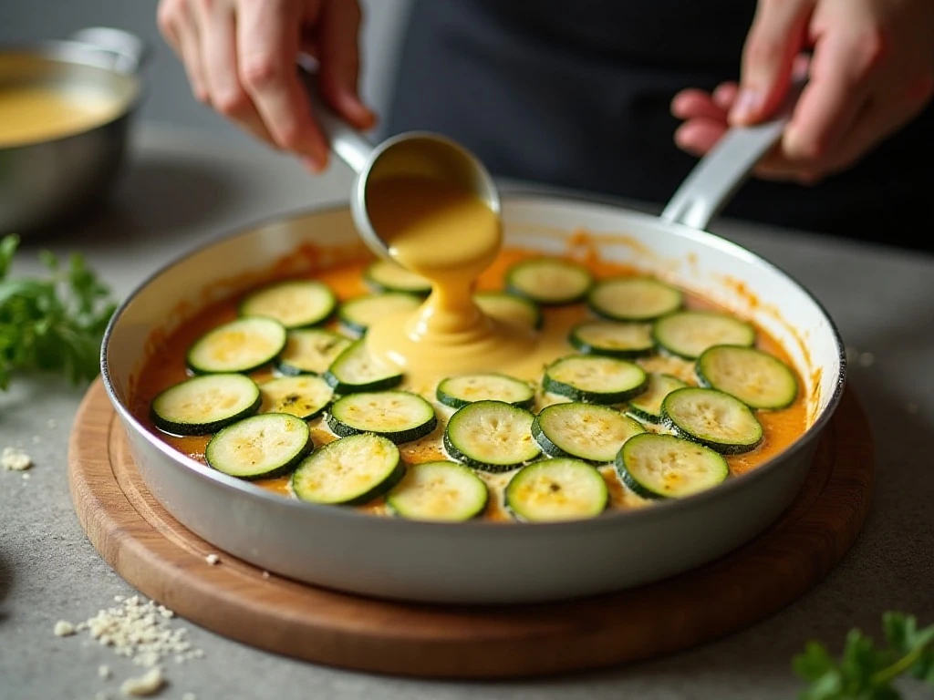 Layering zucchini and cheese sauce for gratin