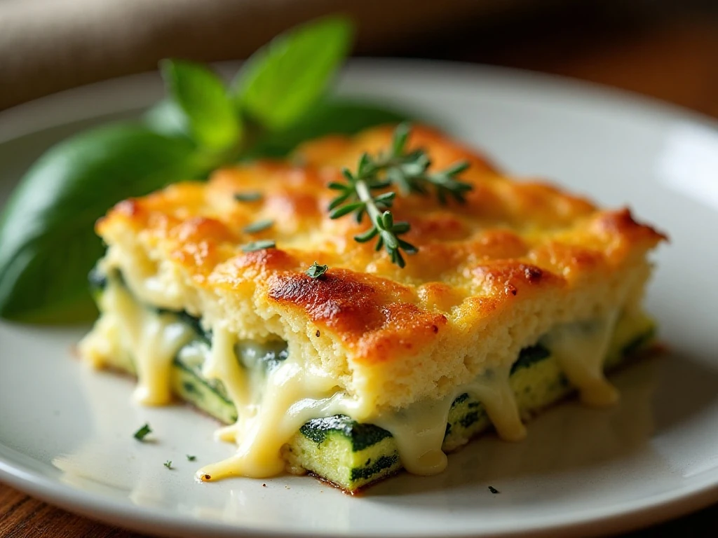 Close-up of cheesy zucchini gratin with thyme garnish