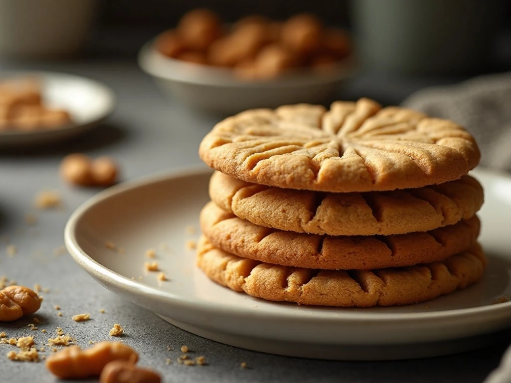 Stack of chewy peanut butter cookies with fork crisscross marks