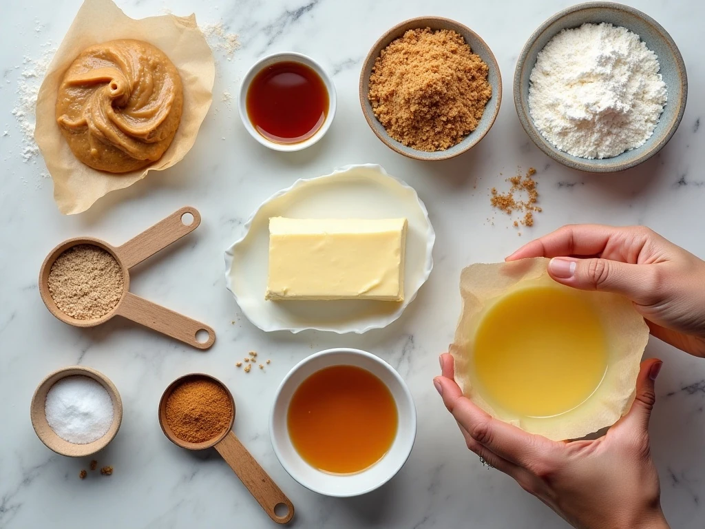 Ingredients for chewy peanut butter cookies arranged for baking