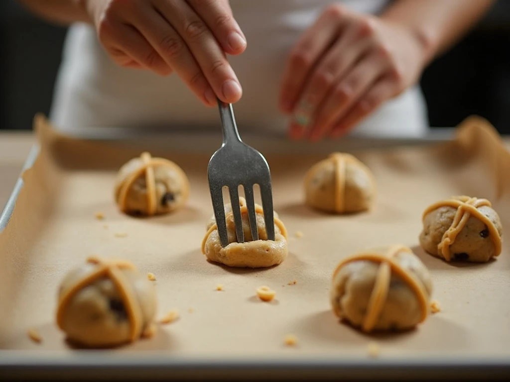 Peanut butter cookie dough pressed with a fork before baking