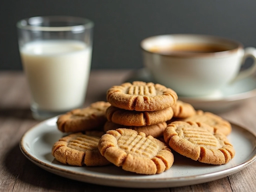 Chewy peanut butter cookies served with milk and coffee