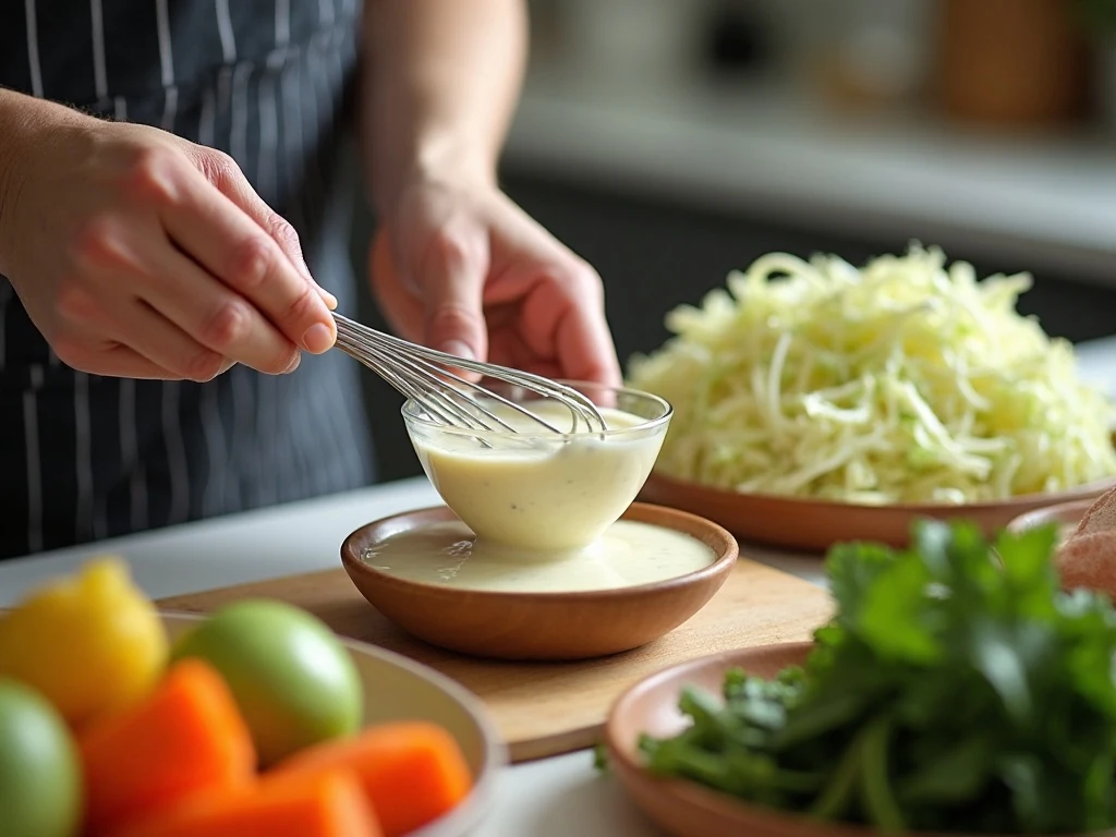 Whisking the creamy coleslaw dressing
