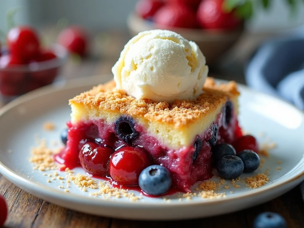 Patriotic dump cake served warm with vanilla ice cream