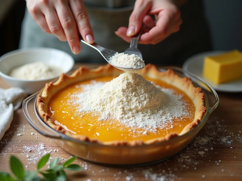 Spreading cake mix evenly over pie filling