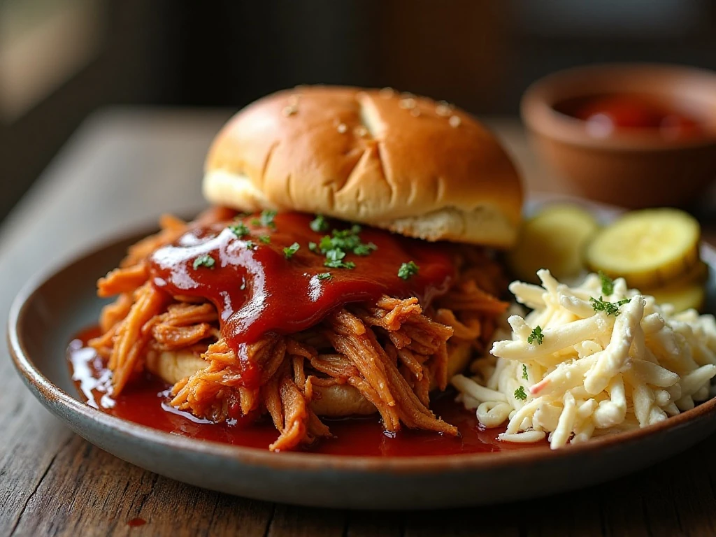 Tender slow cooker BBQ chicken served with buns and coleslaw