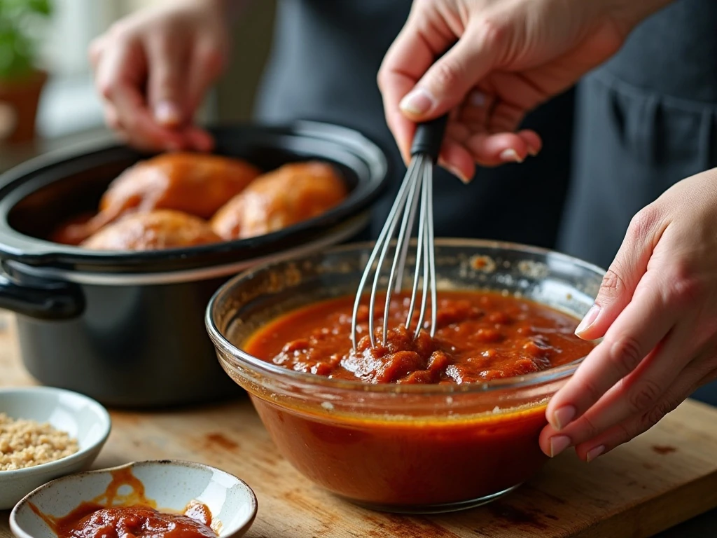 Mixing the barbecue sauce for crockpot chicken