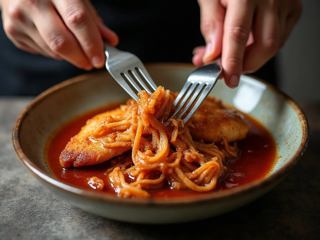 Shredding tender BBQ chicken with two forks