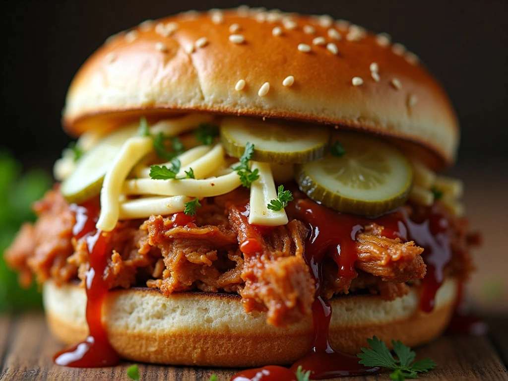 Shredded BBQ chicken sandwich with slaw and pickles