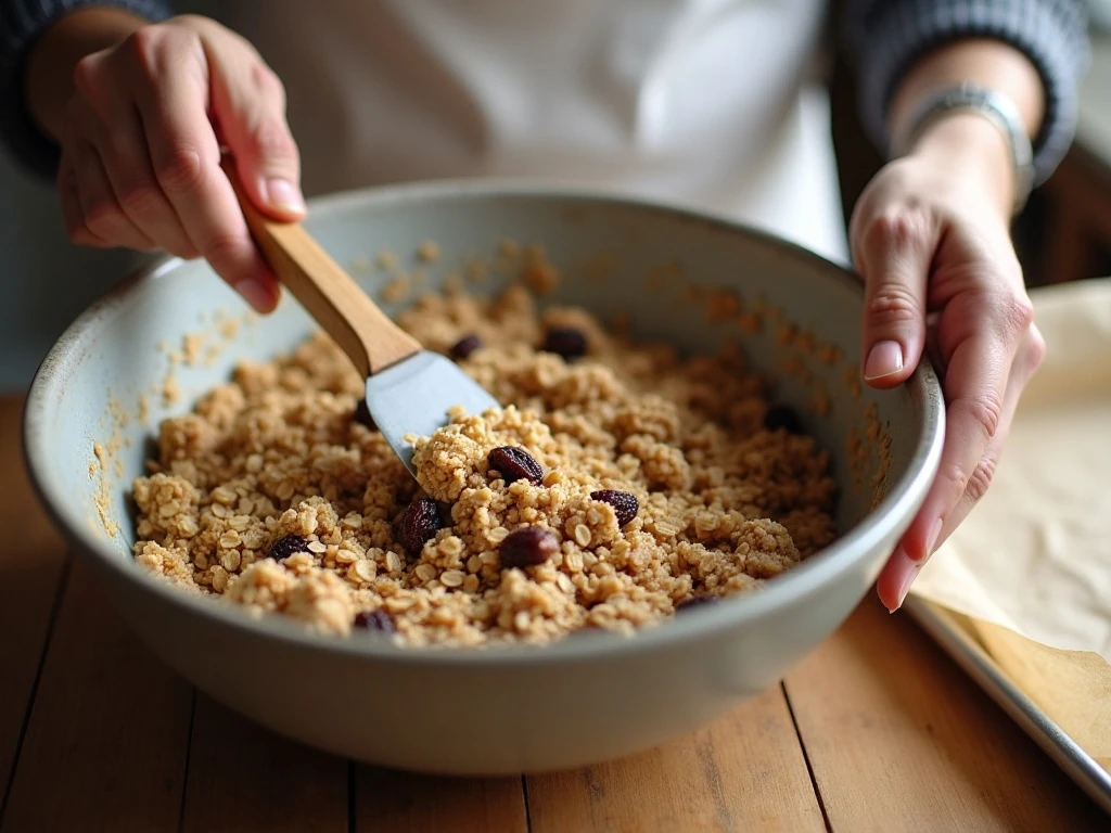 Mixing oats and raisins into oatmeal cookie dough