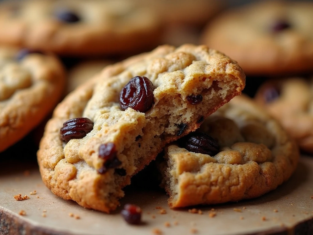 Soft chewy center of a spicy oatmeal raisin cookie
